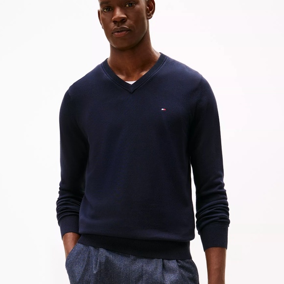Tommy Hilfiger Sz L Blue Navy Solid Logo V Neck Sweater Pullover Stretch - Picture 1 of 5